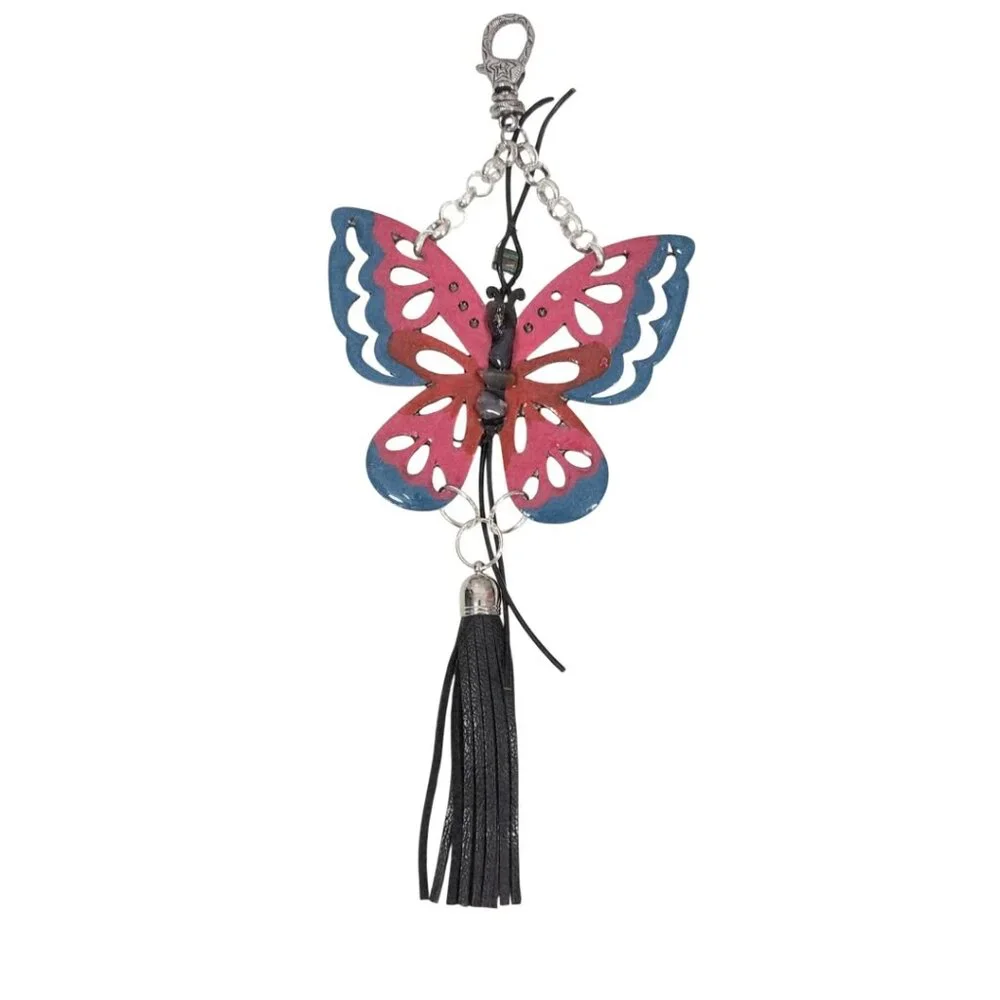 Turquoise Handpainted Wooden Butterfly Purse Leather Tassel Stone Beaded Leather